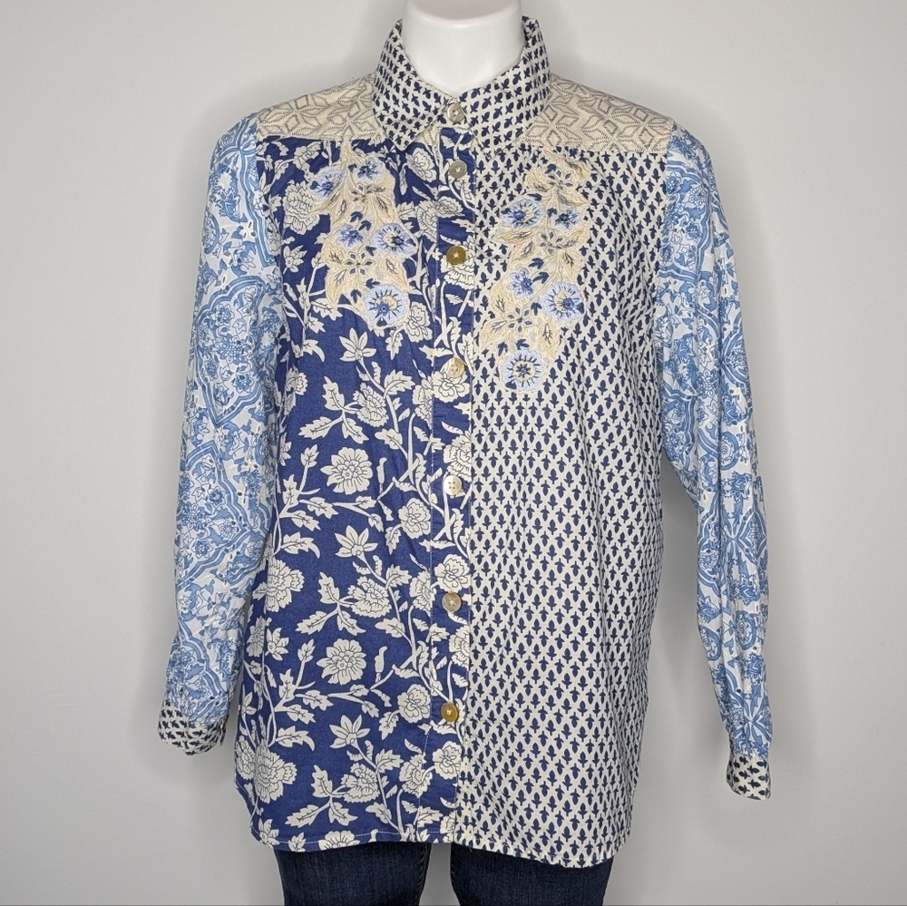Soft Surrounding Blue Cream Eyelet Lace Mixed Print Embroidered Floral Button Up
